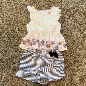 Floral Embroidered Kids Top and Striped Shorts Set T5